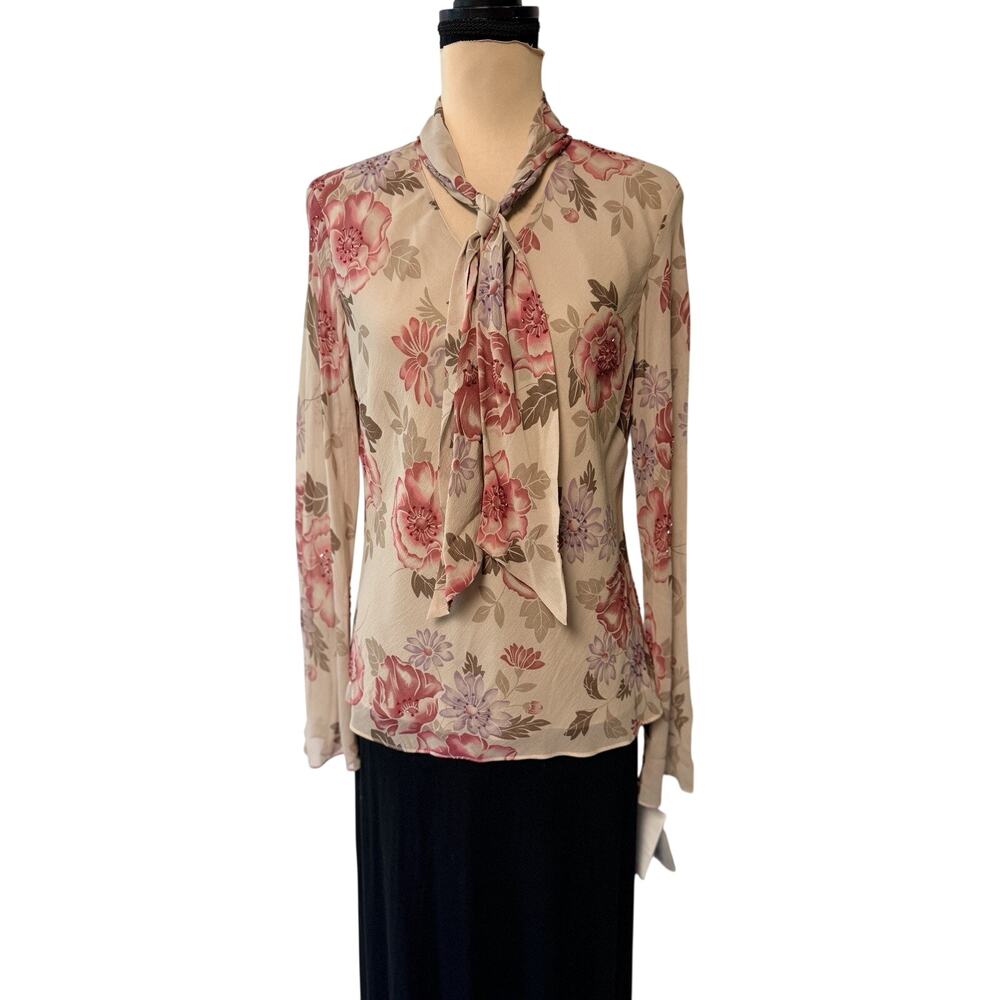Vintage Pendleton Silk Sheer Top Sz 12 Floral Tie Neck Bell Sleeve Beaded Floral